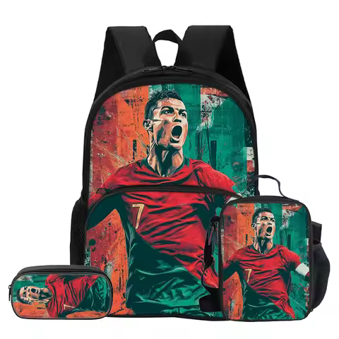 3 Pcs set with Front Pocket Backpack Ronaldo with Thermal Insulated Lunch Tote Purse CR Pencil Case