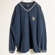 古著 Nike 長袖尼龍羊毛套頭衫，帶刺繡裝飾，V 領，超大廓形，XL 碼
