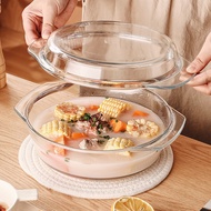 格娜斯双耳透明玻璃碗大号带盖微波炉碗耐热玻璃汤碗面碗沙拉碗餐具2L
