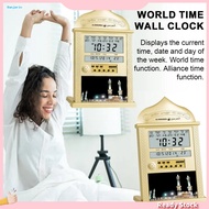 HOT World Time Wall Clock Lcd Display Clock Digital Azan Prayer Clock with Lcd Display World Time Temperature Alarm Home Office Decor