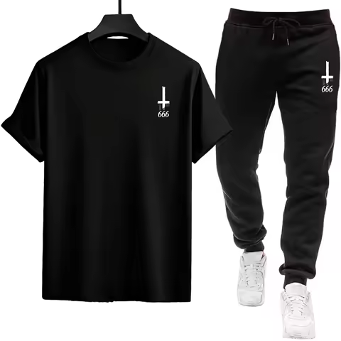 2026 Men's Outfit Set Basic T-Shirt and Comfort Joggers Complete Casual Wear Satan 666 Symbol Invert