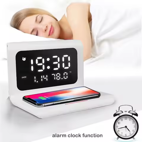 Wireless Charger Pad Stand with Alarm Clock Thermometer for iPhone 17 16 15 14 13 X Samsung Xiaomi P