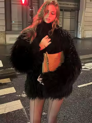 Kliou Autumn Winter New Style Furry Coats Woman Zip Turtleneck Full Sleeve High Street Causal Fashio