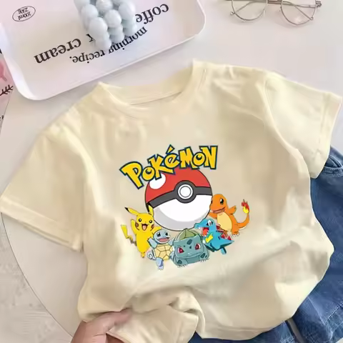 2026 Summer Pokemon Starter Pokemon & Pokeball Print T-Shirt, 100% Cotton Loose Casual Oversized Tee