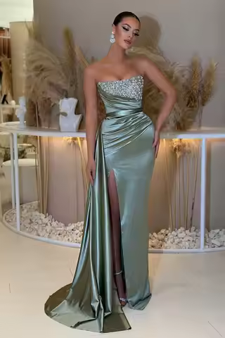 Beaded Prom Dresses Strapless High Slit Removable Skirt Mermaid Green Formal Party Women Pleats Elas