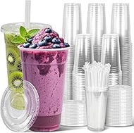 Charmount 32 oz 50 Sets Clear Plastic Cups with Lids and Straws, Sturdy & Food Safe Disposable To Go