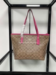 🎀Brand New Free Shipping💙Coach 購物袋 F58292 經典C字logo tote手提包 塗層帆布配皮革｜Color 卡其色配玫紅色｜Size 29x27x14💙配件全齊適