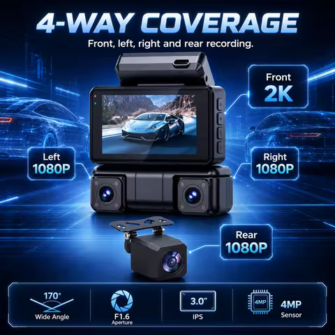 4 Channel Dash Cam 3 Inch IPS WiFi Car DVR Front 2K Left Right Rear 1080P Recorder G-Sensor without 