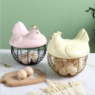 ♞,♘Large Stainless Steel Mesh Wire Egg Storage Basket with Ceramic Farm Chicken Top and Handles