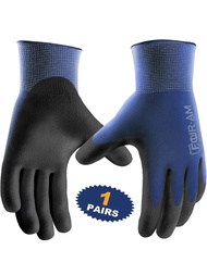 1對超薄PU塗層工作手套，優異的握力，尼龍外殼黑色聚氨酯塗層安全工作手套，針織手腕袖口，適用於輕型工作