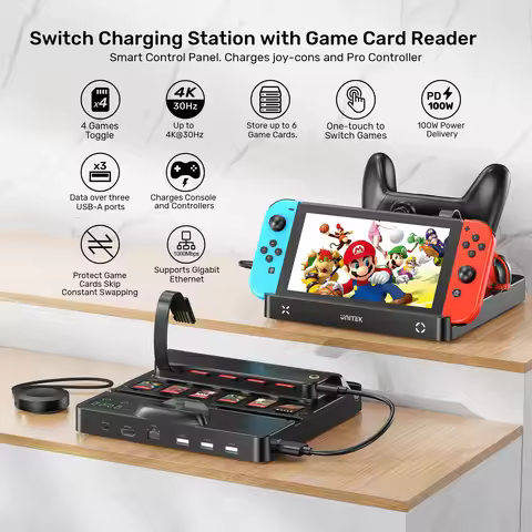 Joy Con Pro Controller Switch Docking Station to 4 Game Card Reader 4K HDMI Gigabit Ethernet PD 100W