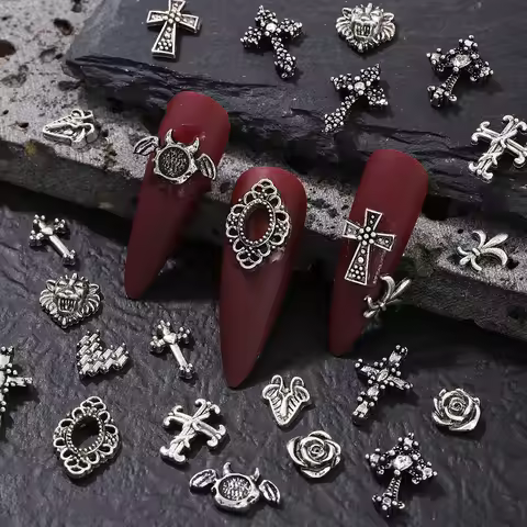 30 retro silver cross and other styles randomly mixed with nail decoration, alloy rhinestone, y2k me