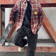DREW Smiley Embroidered Plaid Long-Sleeved Shirt Retro Loose Lazy Style Couple Shirt Jacket Men