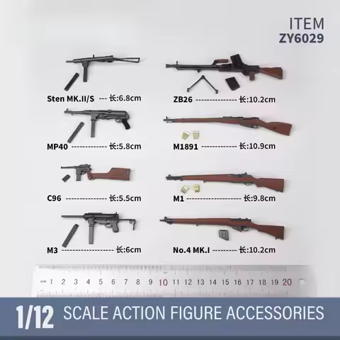 ZYTOYS ZY6029 1/12 Scale Soldier Toys Cannot Fire PVC Gun ZB26 M3 MP40 C96 M1 M1891 Gun Model Set fo