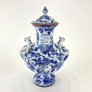 古董花瓶 帶把手和蓋子|藍色彩陶花瓶 花卉裝飾