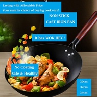 Hand-Made Non-Stick Round Base Cast Iron Pan, Frying Wok Hey Flat Wok Cooker