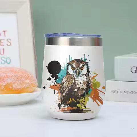 Colorful Abstract Owl Vacuum Flasks 12oz Insulated Wine Tumbler Vacuum Coffee Mug Egg Shape Thermos 