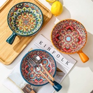 Bohemian Ceramic Single Handle Bowl Creative Embossed Handle Bowl Underglaze Color Salad Bowl Desser