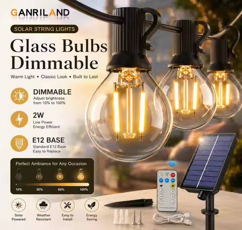 GANRILAND 2W G40 LED Solar String Lights Glass Bulb E12 2700K Warm White 7.6M 10M 15M Waterproof Out