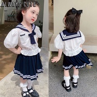 Naka-istilong pang-kolehiyo na suit ng summer girls' lapel shirt + skirt two-piece set 3-8 taong gulang na damit ng mga bata