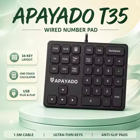 APAYADO T35 Wired USB Number Pad 34 Keys One-Touch Calculator 1.5M Cable Ultra-Thin Numeric Keypad f