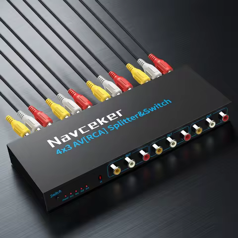 Navceker RCA AV Switch Splitter Box 4 in 3 out AV Audio Video Signal Composite for HDTV LCD DVD 3 RC