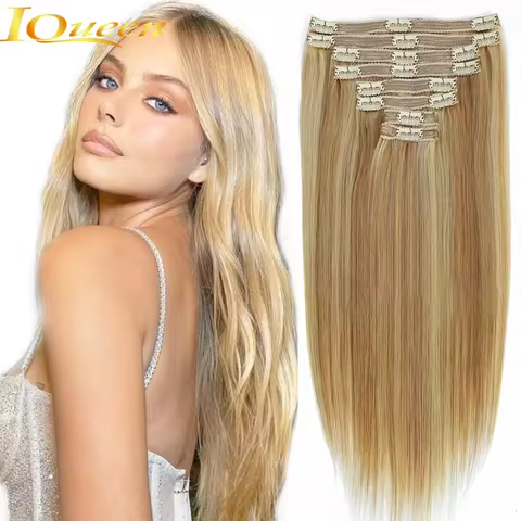 8Pcs Clip In Hair Extensions 100% Human Hair P8/613 Color Brown Highlight Blonde For Women Daily Use