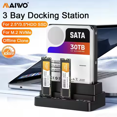MAIWO 3 Bay M.2 NVME SSD Docking Station & 2.5 3.5 Inch SATA HDD Enclosure Offline Clone 10Gbps Supp