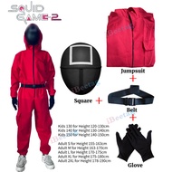 Squid Game ชุดจั๊มสูทชุดคอสเพลย์ตัวตลกสำหรับผู้ใหญ่และเด็กชุดคอสเพลย์ผู้หญิงเกมปลาหมึกเกาหลีพร้อมถุง