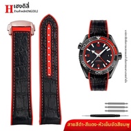 สายนาฬิกาหนังยางทรงโค้งสำหรับ OMEGA Seamaster 300 Oceanus 600 สำหรับผู้ชาย สีส้มสี่เหลี่ยมเล็ก สายนา