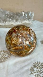 [水晶球] 罕有 雲母油畫 藍晶膠花雲母共生球 連底座 set