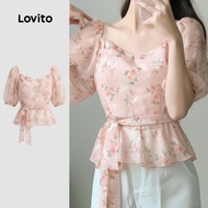 Lovito Casual Blouse Lace Up Spring/summer Pink Blouse for Women LK4ED900 Lovito Blaus Kasual Bertal
