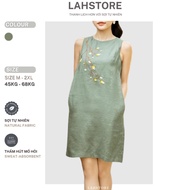 LAHSTORE linen dress with round neck Sleeveless Embroidered youthful apricot flowers DS07 (Moss Gree