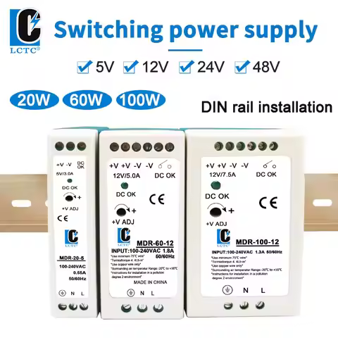48V/24V/12V/5V Power Supply DIN Rail Power Supply Switch MDR-100W 20W 40W 60W 100W Power Source 2A 4