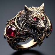 Elegant Kc Plated Golden Engagement Ring, Luxurious Halo Design, Wolf Head Shape Design, Equipped Wi