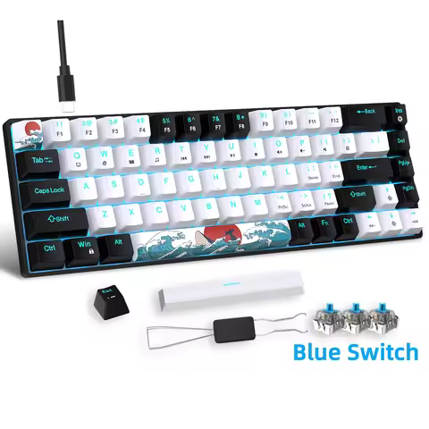 Mechanical Gaming Keyboard, 68 Keys Gaming Keyboard With Blue/Switches, Detachable Type-C Cable Mini