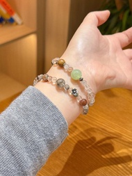 天然幽靈手串  尺寸約 6mm 搭配青提奶蓋岫玉 彩幽靈 三七銀配