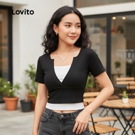 Lovito Women's Casual T-Shirt Fake 2 In 1 Summer/Spring T-Shirt L129ED337 T-Hate rūpahu 2 I roto i t