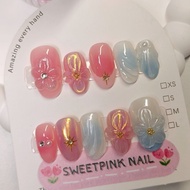 Ready-Made Fake Nails Pink Blue D4 Flower Embossed With Glue File Every Set