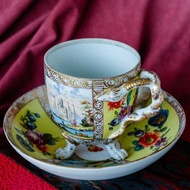 維也納窯雙蛇把手風景花卉咖啡杯 - 西洋古董