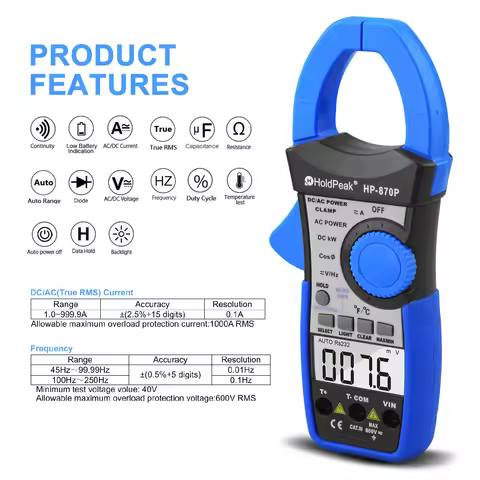 HoldPeak HP-870P-AC/DC Power Clamp Meter, Voltmeter and Ammeter, 999.9A, Electronic Multimeter with