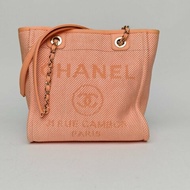 CHANEL 沙灘包購物包小號橘色帆布30開銀扣肩背包