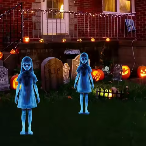2pcs Halloween Twin Ghost Stakes Metal/Plastic Evil Girls Ghost Courtyard Garden Signs Horror Hallow