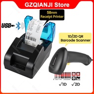 58mm Receipt Thermal Desktop Printer Bluetooth USB With 1D 2D Handheld Barcode Scanner QR Code Reade