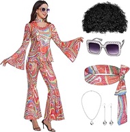70s Disco Costume for Women - 1970s Disco Outfit with Wig, Earrings, glasses, Necklace, Headband, Se