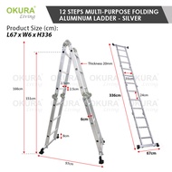 OKURA 16 Steps MULTI-PURPOSE High Quality Aluminium Folding LADDER Heavy Duty TANGGA