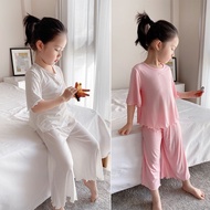 [70-160CM]Kid Gown Baby Girls Pyjamas Ice Silk Short Sleeve Baby Girl Nightwear Soft Spring Summer