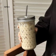 [Ge] 650ml Glass Tumbler Glass Sippy Cup Large Capacity Glass Straw Tumbler for Iced Coffee Bubble T