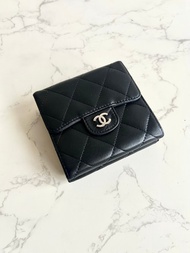 中古Chanel雙面黑銀色小羊皮革短夾 皮夾 錢包 中夾 二手古董包