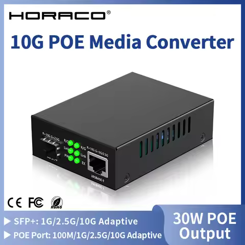 HORACO 10G SFP+ Fiber to RJ45 POE Media Converter RJ45 to SFP+ 10/100/1000M/2.5G/10G Ethernet Conver
